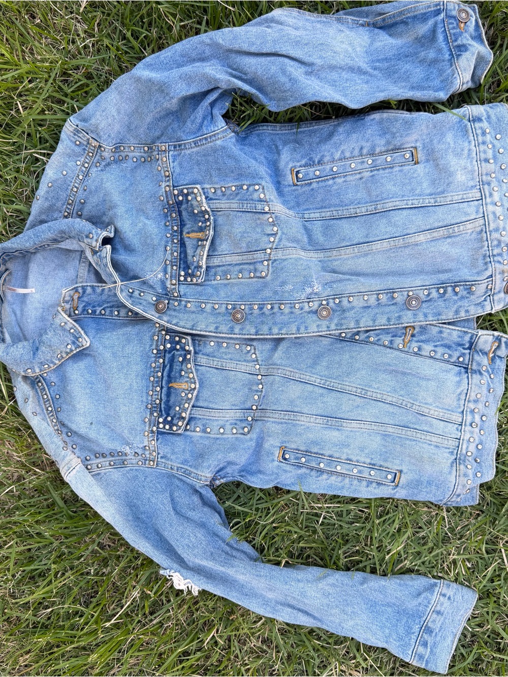 Free People Studded Light Blue Denim Jacket - Women's Oversized Jean Coat